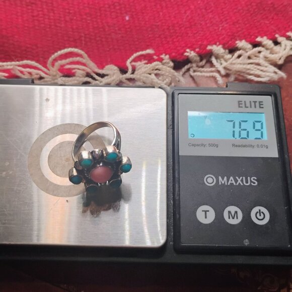 Petit Point Turquoise Cluster Pink Conch Shell Ring Size 8 Crown of Thorns - Picture 5 of 6